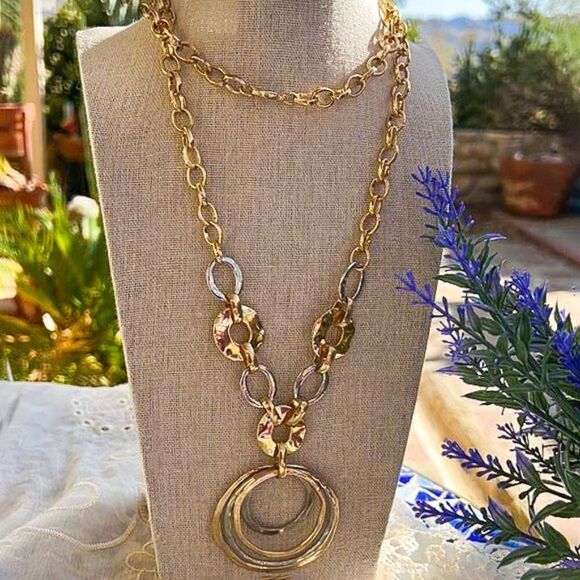 Mixed Metals Long Circles Boho Lagenlook Necklace - Picture 6 of 6
